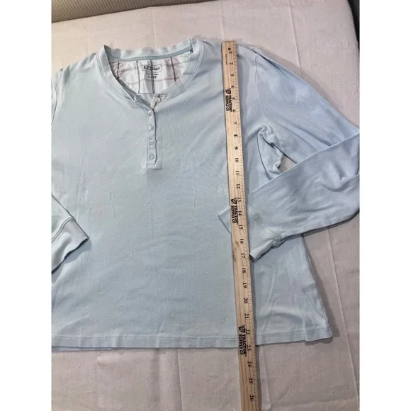 LLBean Long Sleeve Henley Pajama Set Top Pants Light Blue Plaid Cotton L PET - Picture 3 of 15